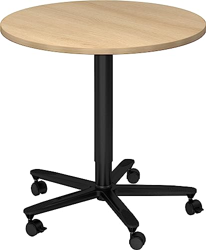 bümö Säulenhubtisch höhenverstellbar, Stehtisch Büro, Bistrotisch rund 80 x 80 cm - Besprechungstisch Eiche, Stehtisch Holz-Platte, Säule aus Metall in schwarz, Säulentisch, Hochtisch von bümö