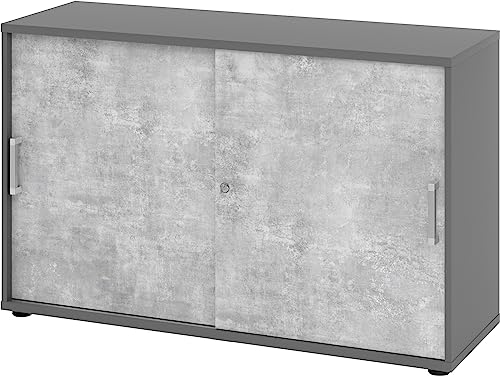 bümö Schiebetürenschrank 2OH - Aktenschrank abschließbar, Sideboard Schrank mit Schiebetüren in Graphit/Beton - Büroschrank aus Holz mit Schiebetür, Büro Kommode für Ordner & Co. von bümö