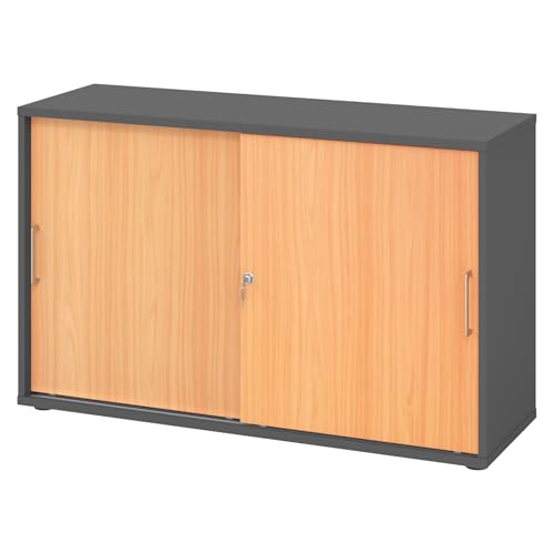 bümö Schiebetürenschrank 2OH - Aktenschrank abschließbar, Sideboard Schrank mit Schiebetüren in Graphit/Buche, Bügelgriff - Büroschrank aus Holz mit Schiebetür, Büro Kommode für Ordner & Co. bümö Schiebetürenschrank 2OH - Aktenschrank abschließbar, Sideboard Schrank mit Schiebetüren in Graphit/Buche, Bügelgriff - Büroschrank aus Holz mit Schiebetür, Büro Kommode für Ordner & Co. von bümö