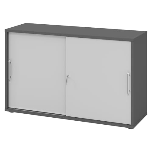 bümö Schiebetürenschrank 2OH - Aktenschrank abschließbar, Sideboard Schrank mit Schiebetüren in Graphit/Grau, Relinggriff - Büroschrank aus Holz mit Schiebetür, Büro Kommode für Ordner & Co. von bümö