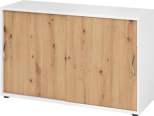 bümö Schiebetürenschrank 2OH - Aktenschrank abschließbar, Sideboard Schrank mit Schiebetüren in Weiß/Asteiche - Büroschrank aus Holz mit Schiebetür, Büro Kommode für Ordner & Co. von bümö