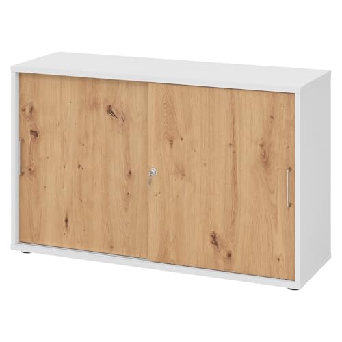 bümö Schiebetürenschrank 2OH - Aktenschrank abschließbar, Sideboard Schrank mit Schiebetüren in Weiß/Asteiche, Bügelgriff - Büroschrank aus Holz mit Schiebetür, Büro Kommode für Ordner & Co. von bümö