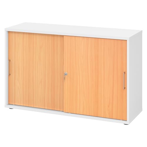 bümö Schiebetürenschrank 2OH - Aktenschrank abschließbar, Sideboard Schrank mit Schiebetüren in Weiß/Buche, Bügelgriff - Büroschrank aus Holz mit Schiebetür, Büro Kommode für Ordner & Co. von bümö