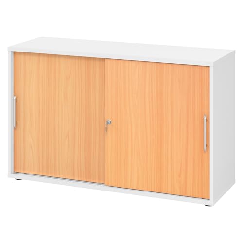 bümö Schiebetürenschrank 2OH - Aktenschrank abschließbar, Sideboard Schrank mit Schiebetüren in Weiß/Buche, Relinggriff - Büroschrank aus Holz mit Schiebetür, Büro Kommode für Ordner & Co. von bümö
