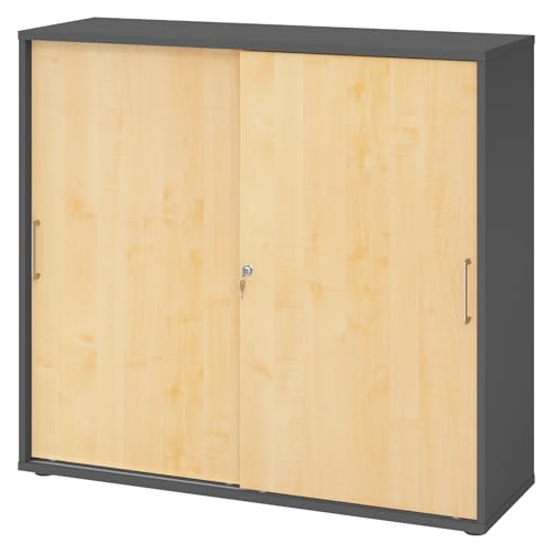 bümö Schiebetürenschrank 3OH - Aktenschrank abschließbar, Sideboard Schrank mit Schiebetüren in Graphit/Ahorn, Bügelgriff - Büroschrank aus Holz mit Schiebetür, Büro Kommode für Ordner & Co. von bümö