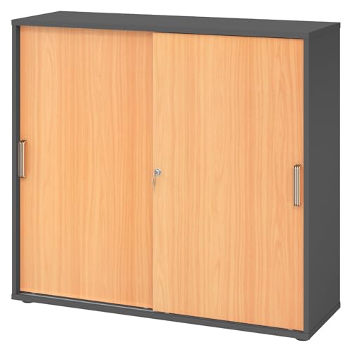 bümö Schiebetürenschrank 3OH - Aktenschrank abschließbar, Sideboard Schrank mit Schiebetüren in Graphit/Buche, Streifengriff - Büroschrank aus Holz mit Schiebetür, Büro Kommode für Ordner & Co. von bümö