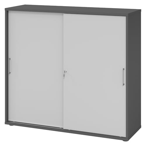 bümö Schiebetürenschrank 3OH - Aktenschrank abschließbar, Sideboard Schrank mit Schiebetüren in Graphit/Grau, Bügelgriff - Büroschrank aus Holz mit Schiebetür, Büro Kommode für Ordner & Co. von bümö