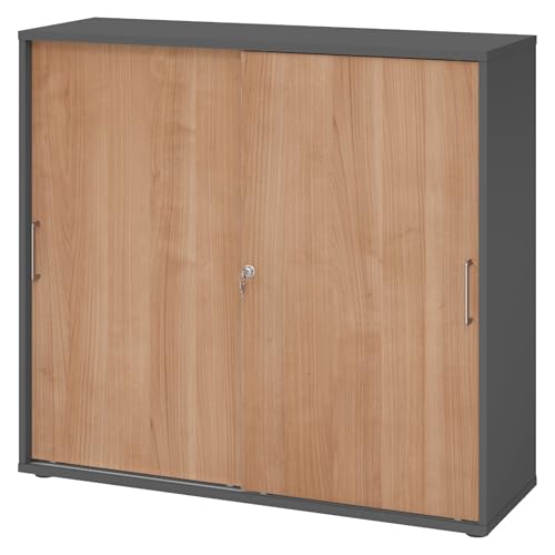 bümö Schiebetürenschrank 3OH - Aktenschrank abschließbar, Sideboard Schrank mit Schiebetüren in Graphit/Nussbaum, Bügelgriff - Büroschrank aus Holz mit Schiebetür, Büro Kommode für Ordner & Co. von bümö
