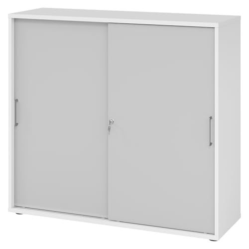 bümö Schiebetürenschrank 3OH - Aktenschrank abschließbar, Sideboard Schrank mit Schiebetüren in Weiß/Grau, Bügelgriff - Büroschrank aus Holz mit Schiebetür, Büro Kommode für Ordner & Co. von bümö