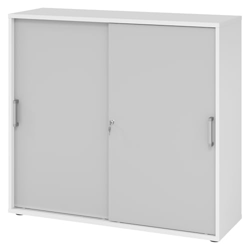 bümö Schiebetürenschrank 3OH - Aktenschrank abschließbar, Sideboard Schrank mit Schiebetüren in Weiß/Grau, Chromgriff - Büroschrank aus Holz mit Schiebetür, Büro Kommode für Ordner & Co. von bümö
