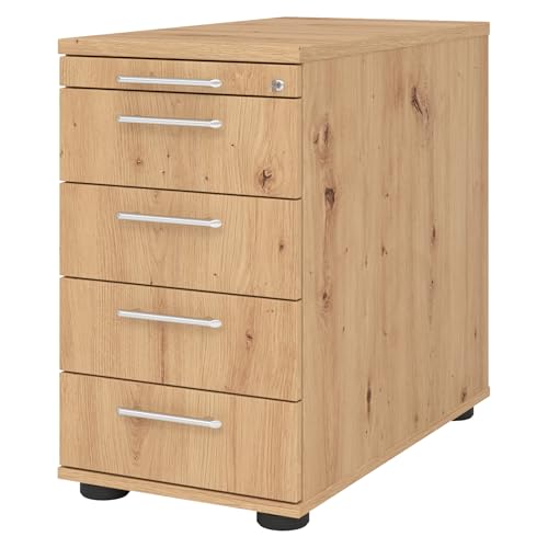 bümö Schreibtisch Schrank abschließbar, Schubladenschrank Holz in Asteiche, Container mit Schubladen - Schubladen Schrank Büro, Schreibtisch Container od. Schreibtisch Kommode mit Relinggriffe von bümö