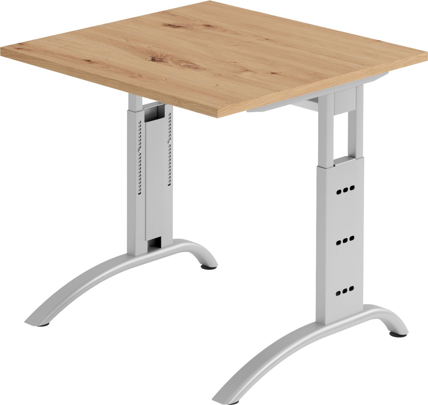 bümö Schreibtisch Serie-F - Arbeitshöhe: höhenverstellbar, Quadrat: 80 x 80 cm - Dekor: Asteiche - Gestell: Silber von bümö