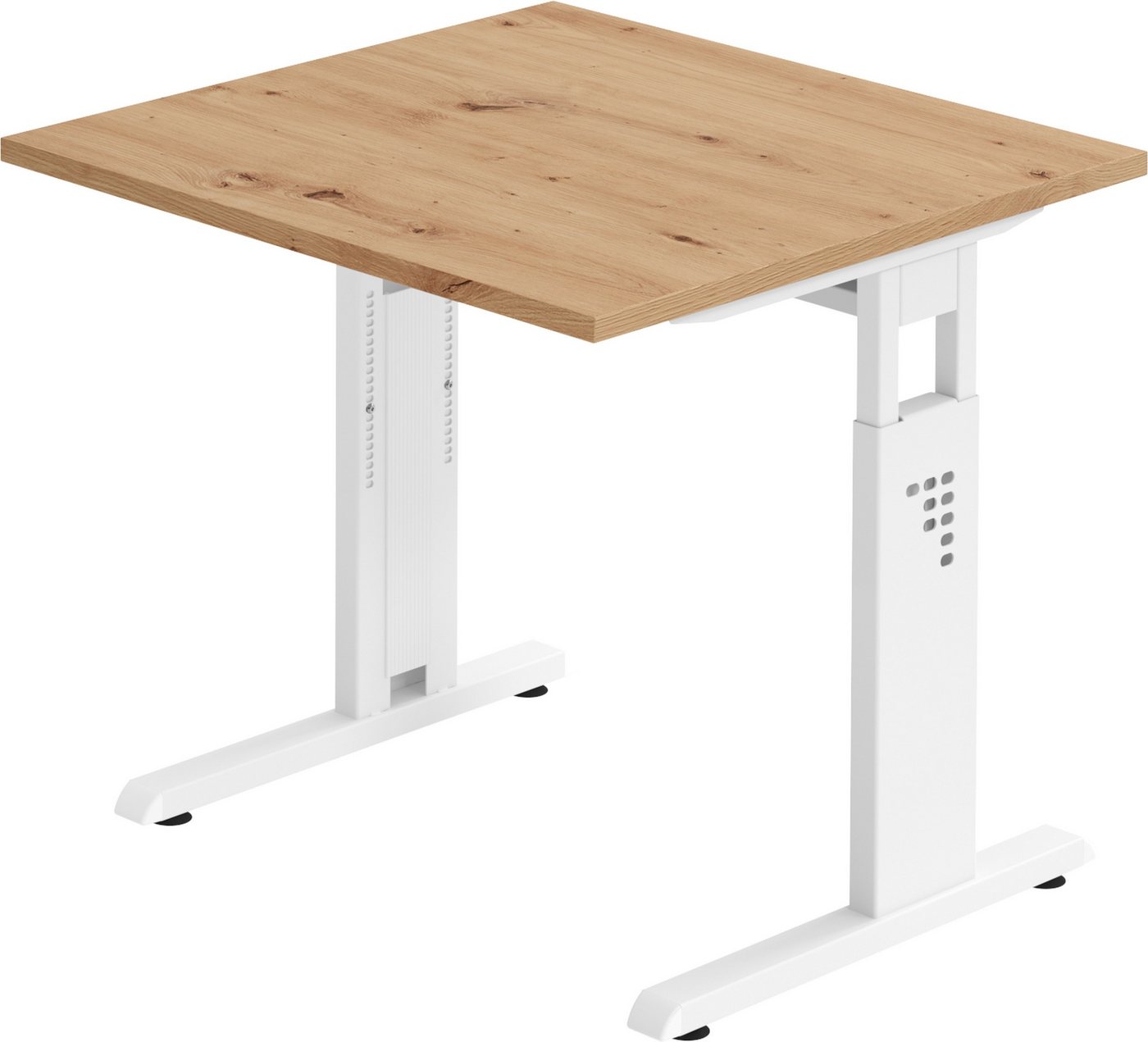 bümö Schreibtisch Serie-O - Arbeitshöhe: höhenverstellbar, Quadrat: 80 x 80 cm - Dekor: Asteiche - Gestell: Weiß von bümö