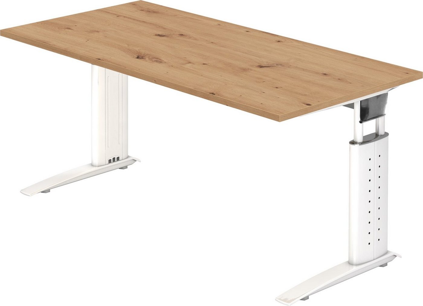 bümö Schreibtisch Serie-U - Arbeitshöhe: höhenverstellbar, Rechteck: 160 x 80 cm - Dekor: Asteiche - Gestell: Weiß von bümö