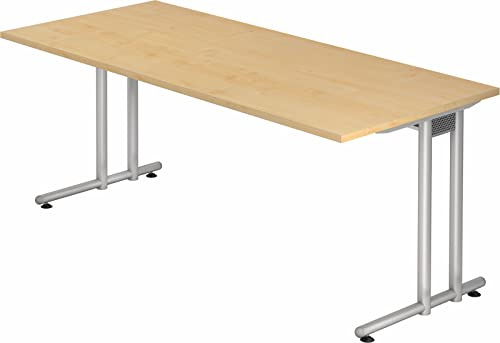 bümö Schreibtisch groß, N-Serie 180x80 cm, Tischplatte aus Holz in Ahorn, Gestell aus Metall in Silber - PC Tisch, großer Computertisch für's Büro, Office Bürotisch von bümö