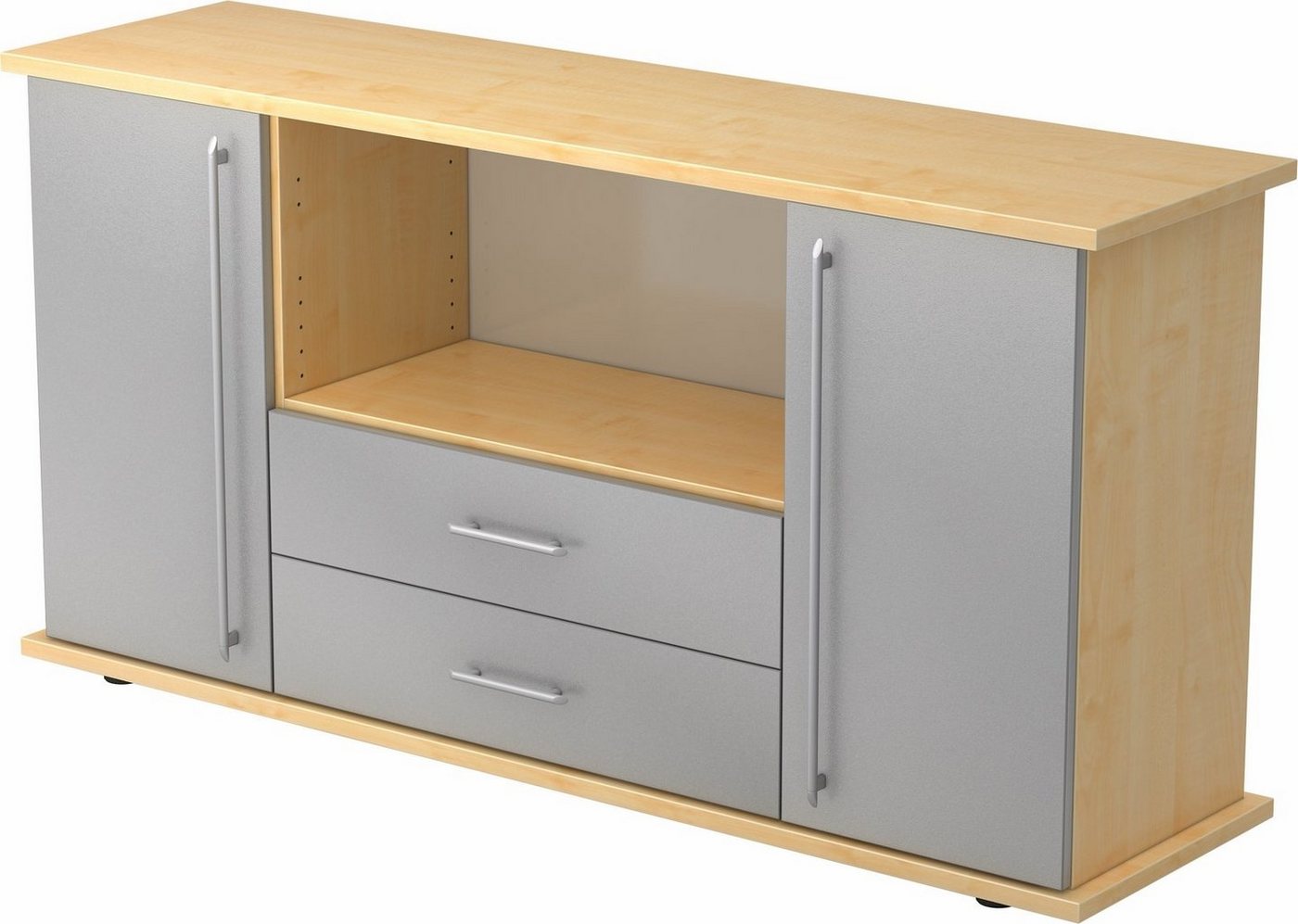 bümö Sideboard office Sideboard mit 2 Schübe & 2 Türen, Dekor: Ahorn/Silber - Griffe: Relinggriff (Kunststoff) von bümö