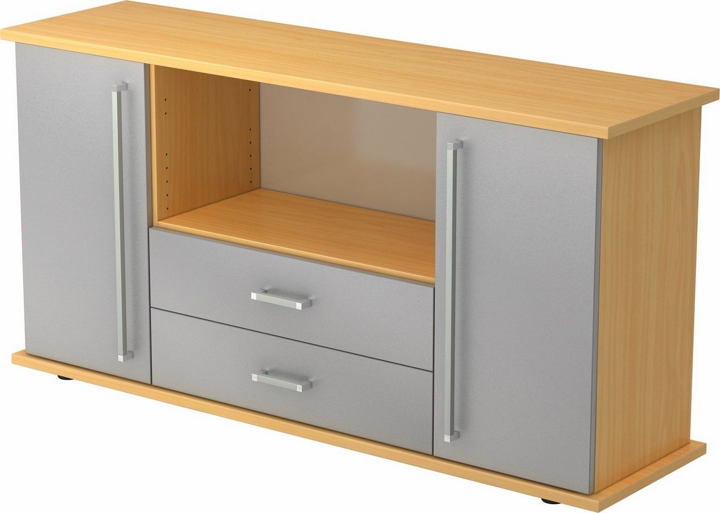 bümö Sideboard office Sideboard mit 2 Schübe & 2 Türen, Dekor: Buche/Silber - Griffe: Chromgriff von bümö