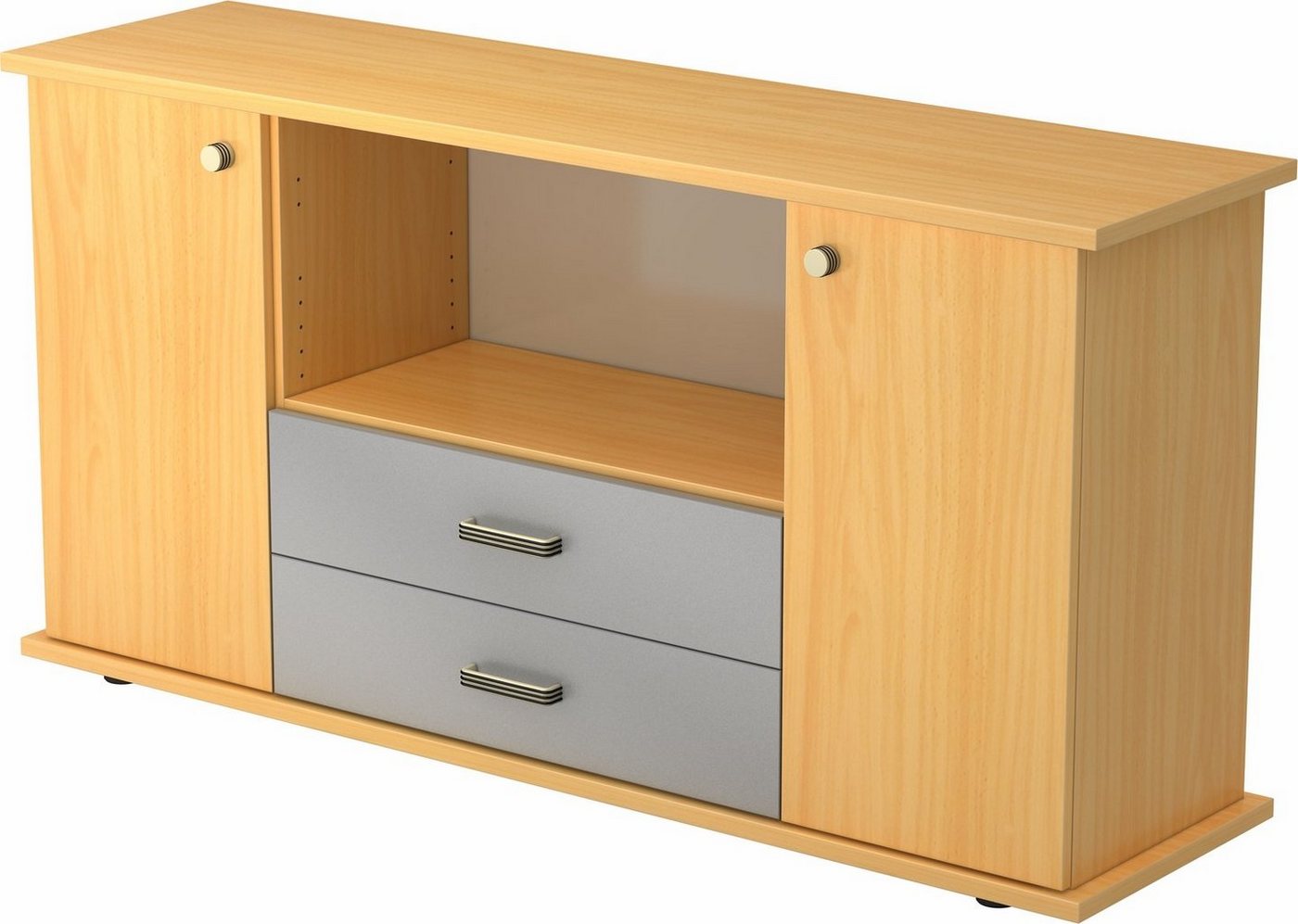 bümö Sideboard office Sideboard mit 2 Schübe & 2 Türen, Dekor: Buche - Griffe: Knauf/Streifengriff von bümö