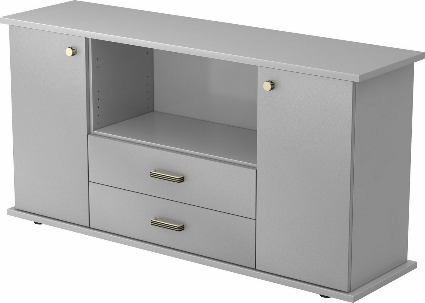 bümö Sideboard office Sideboard mit 2 Schübe & 2 Türen, Dekor: Grau/Silber - Griffe: Knauf/Streifengriff von bümö