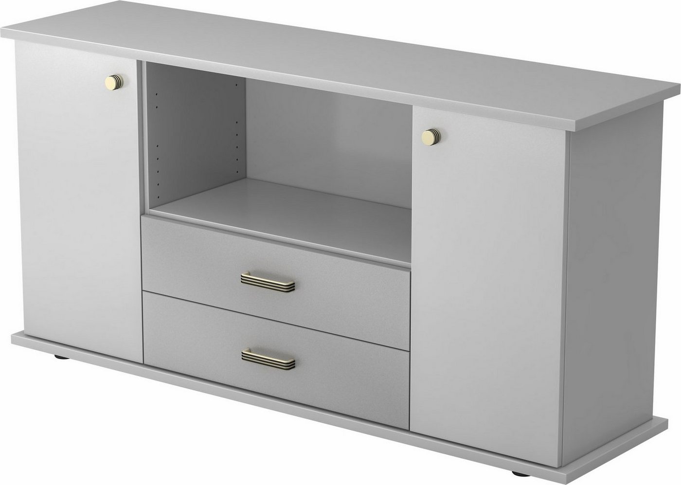 bümö Sideboard office Sideboard mit 2 Schübe & 2 Türen, Dekor: Grau - Griffe: Knauf/Streifengriff von bümö