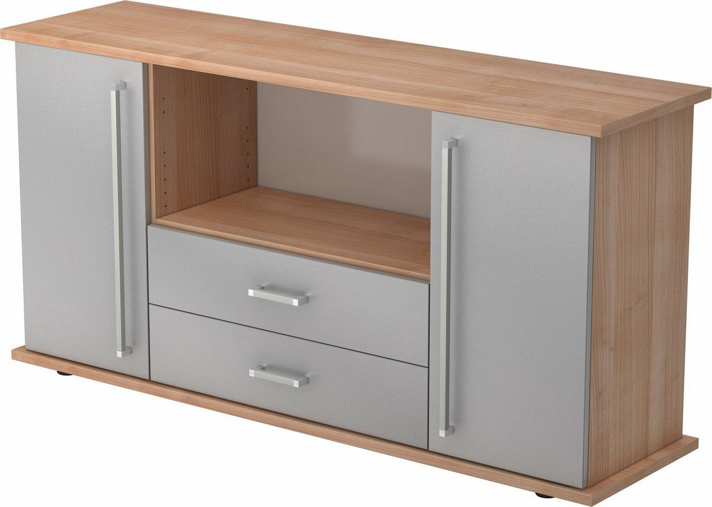 bümö Sideboard office Sideboard mit 2 Schübe & 2 Türen, Dekor: Nussbaum/Silber - Griffe: Chromgriff von bümö