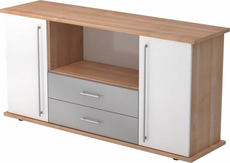 bümö Sideboard office Sideboard mit 2 Schübe & 2 Türen, Dekor: Nussbaum/Weiß - Griffe: Relinggriff (Kunststoff) von bümö