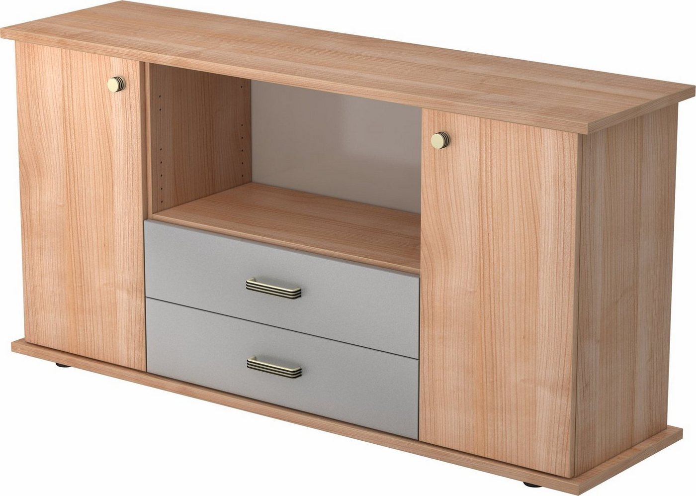 bümö Sideboard office Sideboard mit 2 Schübe & 2 Türen, Dekor: Nussbaum - Griffe: Knauf/Streifengriff von bümö