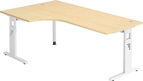 bümö höhenverstellbarer Eckschreibtisch O-Serie 200x120 cm in Ahorn, Gestell in weiß - Schreibtisch L Form, großer Tisch für's Büro, Computertisch höhenverstellbar von bümö