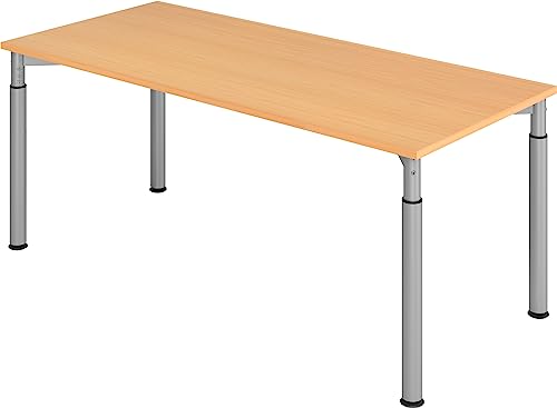 bümö höhenverstellbarer Schreibtisch 180x80 cm in Buche, Gestell Silber - PC Tisch höhenverstellbar & groß, höhenverstellbarer Tisch Büro, großer Computertisch verstellbar, Y-Serie von bümö