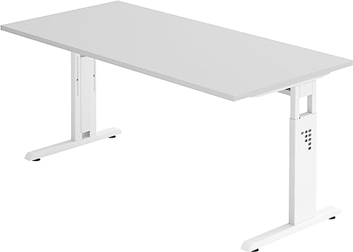 bümö höhenverstellbarer Schreibtisch O-Serie 160x80 cm in grau, Gestell in weiß - PC Tisch für's Büro manuell höhenverstellbar, Computertisch verstellbar von bümö