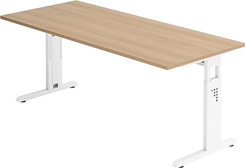bümö höhenverstellbarer Schreibtisch O-Serie 180x80 cm in Eiche, Gestell in weiß - großer PC Tisch für's Büro manuell höhenverstellbar, Computertisch verstellbar von bümö