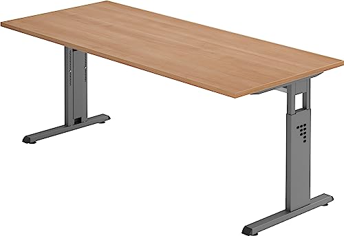 bümö höhenverstellbarer Schreibtisch O-Serie 180x80 cm in Nussbaum, Gestell in Graphit - großer PC Tisch für's Büro manuell höhenverstellbar, Computertisch verstellbar von bümö