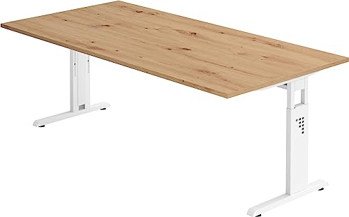 bümö höhenverstellbarer Schreibtisch O-Serie 200x100 cm in Asteiche, Gestell in weiß - großer PC Tisch für's Büro manuell höhenverstellbar, Computertisch verstellbar von bümö