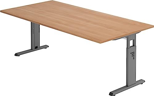 bümö höhenverstellbarer Schreibtisch O-Serie 200x100 cm in Nussbaum, Gestell in Graphit - großer PC Tisch für's Büro manuell höhenverstellbar, Computertisch verstellbar von bümö