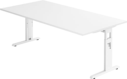 bümö höhenverstellbarer Schreibtisch O-Serie 200x100 cm in weiß, Gestell in weiß - großer PC Tisch für's Büro manuell höhenverstellbar, Computertisch verstellbar von bümö