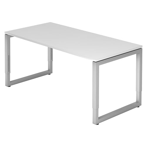 bümö höhenverstellbarer Schreibtisch R-Serie 160x80 cm in weiß, Gestell in Silber - PC Tisch für's Büro manuell höhenverstellbar, Computertisch verstellbar von bümö