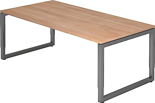 bümö höhenverstellbarer Schreibtisch R-Serie 200x100 cm in Nussbaum, Gestell in Graphit - großer PC Tisch für's Büro manuell höhenverstellbar, Computertisch verstellbar von bümö