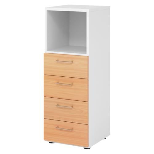 bümö smart Schubladenschrank, Büroschrank in Weiß/Buche mit 4 Schüben & 1 Regalfach - Bürocontainer aus Holz, Container mit Metallgriffen & Soft-Stop Schubladen bümö smart Schubladenschrank, Büroschrank in Weiß/Buche mit 4 Schüben & 1 Regalfach - Bürocontainer aus Holz, Container mit Metallgriffen & Soft-Stop Schubladen von bümö