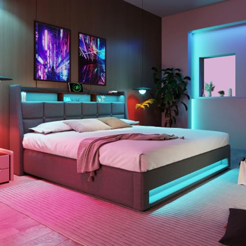 Polsterbett Mit LED Doppelbett King Size Mit USB Jugendbett Für Erwachsene Jugendliche Bettgestell Leinenmaterial Stauraumbetten Bettkasten Gästebett Mit Lattenrost Aus Metallrahmen Grau 160x200 Cm von buiesjole
