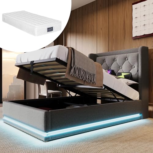 buiesjole Polsterbett Doppelbett 90 * 200 cm,Grau Baumwolle-Material Hydraulisches Stauraumbett, gepolstertes Kopfteil mit USB Typ-C Ladefunktion, 3-seitige LED-Funktion(Mit Matratze) von buiesjole