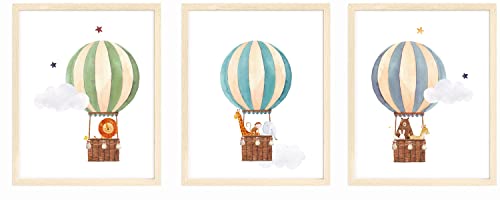 bumbleboo Nistio® Heißluftballon Safari Tiere Kinderzimmer Wanddrucke Spielzimmer Dekoration Kinderzimmer Wandkunst Kinderzimmer Dekor Safari Tiere Druckset ungerahmt 3er Set Drucke 20,3 x 25,4 cm von bumbleboo