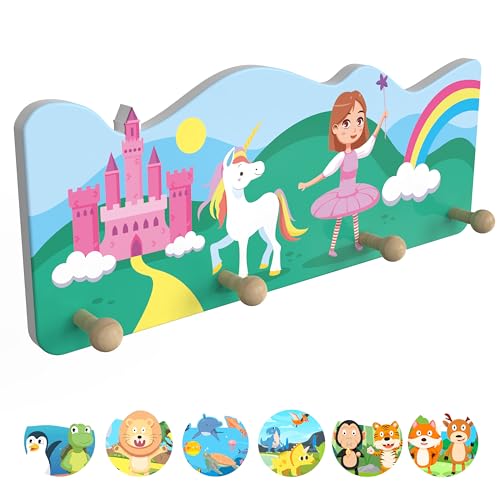 bunnyboo Kindergarderobe aus Holz - Garderobe Kinder mit 4 Kleiderhaken Kinder - kindliche Designs- wunderschöne Garderobenleiste Kinder (Prinzessin) von bunnyboo
