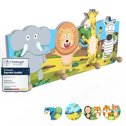 bunnyboo Kindergarderobe aus Holz - Garderobe Kinder mit 4 Kleiderhaken Kinder - kindliche Designs- wunderschöne Garderobenleiste Kinder (Safari) von bunnyboo