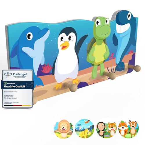 bunnyboo Kindergarderobe aus Holz - Garderobe Kinder mit 4 Kleiderhaken Kinder - kindliche Designs- wunderschöne Garderobenleiste Kinder (Unterwasser) von bunnyboo