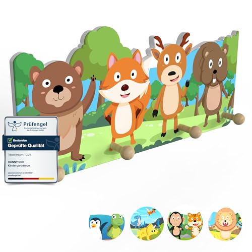 bunnyboo Kindergarderobe aus Holz - Garderobe Kinder mit 4 Kleiderhaken Kinder - kindliche Designs- wunderschöne Garderobenleiste Kinder (Wald) von bunnyboo