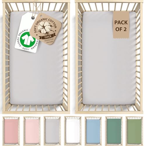 Bunnyjik Spannbettlaken 70x140 Baby – 2er Set GOTS Zertifiziert Bio-Baumwolle– Luftig & Kühlend – 190GSM Bio-Baumwolle, Bettlaken Kinderbett 70x140 Babybett Spannbettlaken – Interlock aus gekämmter von bunnyjik