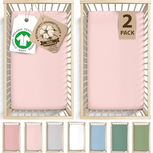 Bunnyjik Spannbettlaken 70x140 Baby – 2er Set GOTS Zertifiziert Bio-Baumwolle – Luftig & Kühlend – 190GSM Bio-Baumwolle, Bettlaken Kinderbett 70x140 Babybett Spannbettlaken – Interlock aus gekämmter von bunnyjik