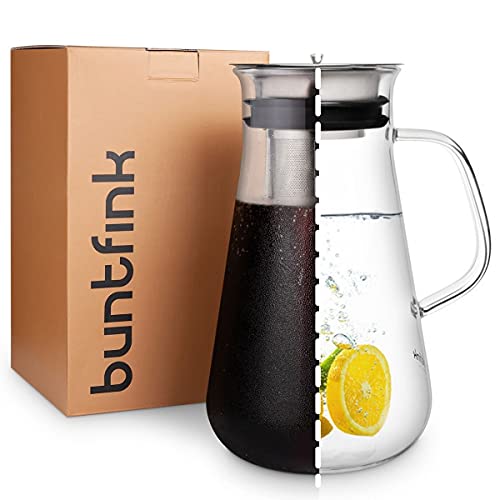 buntfink MultiPitcher 3-in-1 Kaffeebereiter für Cold Brew Coffee | Glaskaraffe 1,5 L | Wasserkaraffe mit Edelstahl Deckel | Kaffeezubereiter für kaltgebrühten Kaffee und Tee | plastikfrei von buntfink