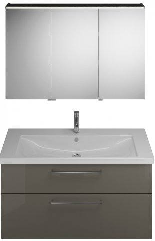 Burgbad Eqio Set, bestehend aus Spiegelschrank Version rechts, Keramik-Waschtisch und Waschtischunterschrank, Breite: 1230 mm, SFAN123R, Farbe (Front/Korpus): Grau Hochglanz / Grau Glänzend, Stangengriff Chrom P95 von burgbad GmbH