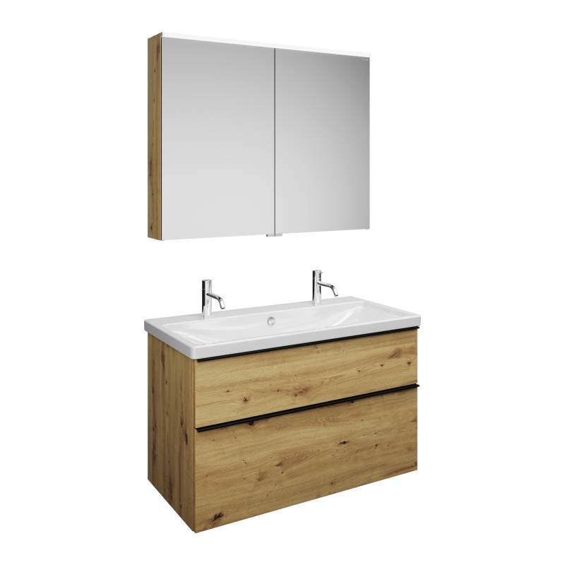 burgbad Eqio Set, bestehend aus Spiegelschrank, Keramik-Waschtisch mit 2 Armaturbohrungen und Waschtischunterschrank, Breite 1030mm, SFAO103F5662C0001G0252 von burgbad